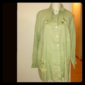 3X Irish Linen Pastel Green Embroidered Longline Lagenlook Buttondown Top